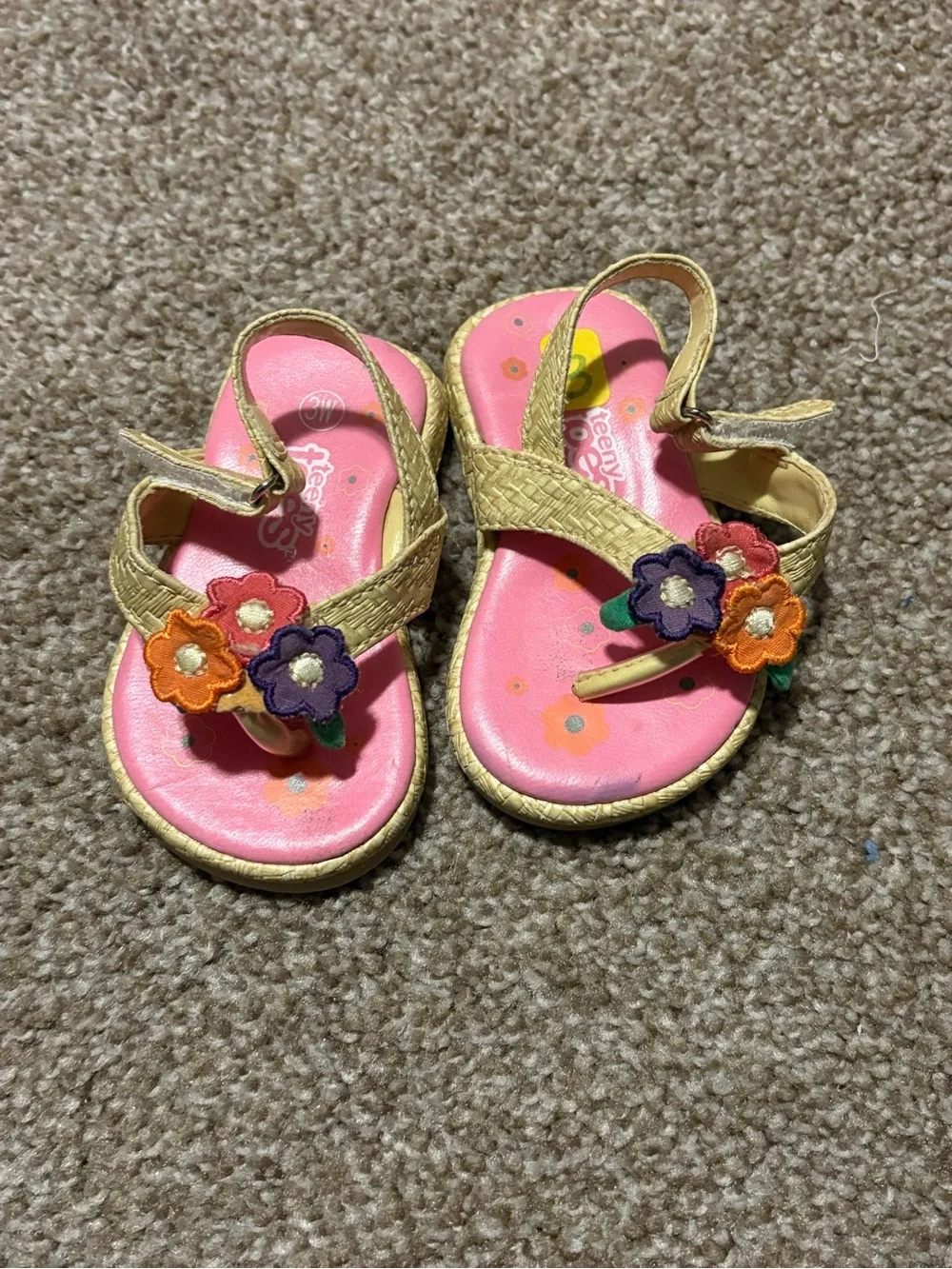 Girls Pink Floral Sandals with Tan Straps